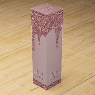 Girly Rose Gold Sparkle Glitter Drips Monogram Wine Box