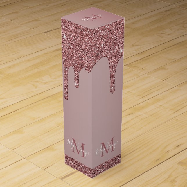 Girly Rose Gold Sparkle Glitter Drips Monogram Wine Box (Front)