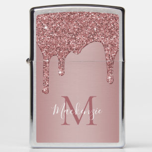 Girly Rose Gold Sparkle Glitter Drips Monogram Zippo Lighter