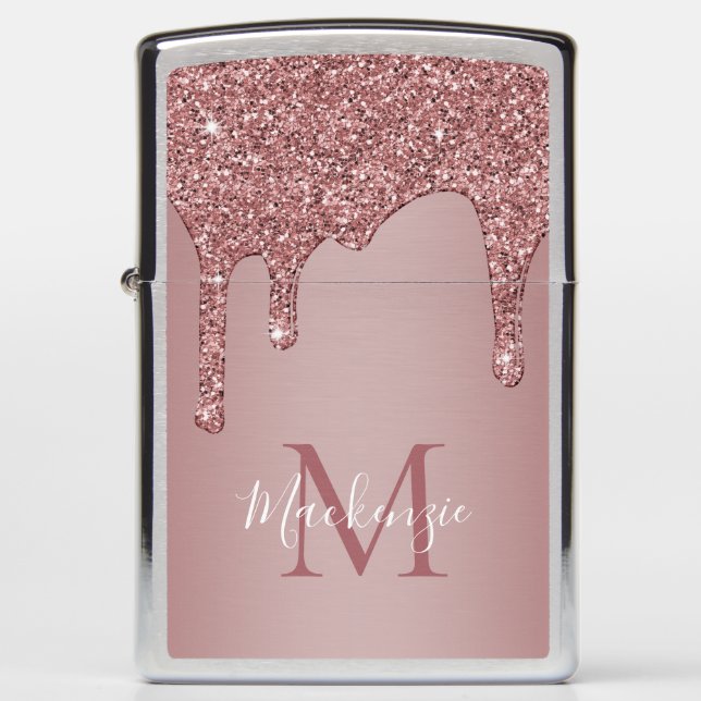Girly Rose Gold Sparkle Glitter Drips Monogram Zippo Lighter (Front)