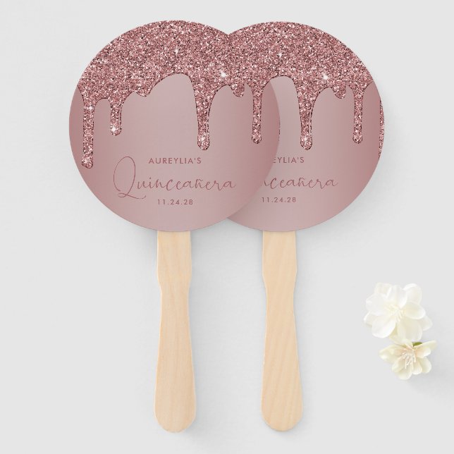 Girly Rose Gold Sparkle Glitter Drips Quinceanera Hand Fan (Front and Back)