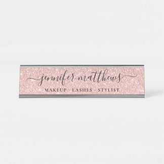 Girly Rose Gold Sparkle Glitter Makeup Desk Name Plate