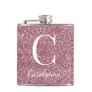 Girly Rose Gold Sparkle Glitter Monogram Flask