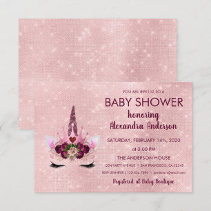 Girly Rose Gold Sparkle Unicorn Baby Shower Invitation