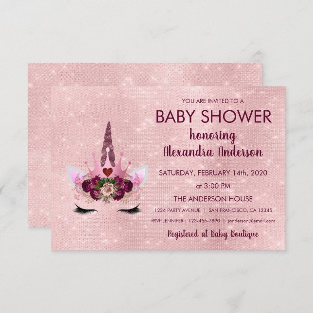 Girly Rose Gold Sparkle Unicorn Baby Shower Invitation (Front/Back)