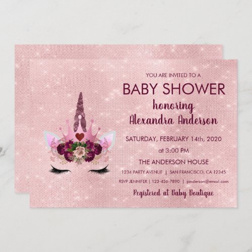 Girly Rose Gold Sparkle Unicorn Baby Shower Invitation