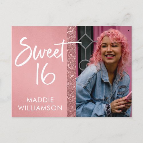 Girly Rose Gold Sparkly Sweet 16 Photo Invitation