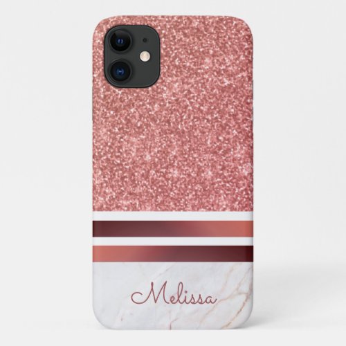 Girly Rose Gold Stripes Faux Glitter with Name iPhone 11 Case