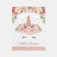 Girly Rose Gold Unicorn / Floral Watercolor Roses Fleece Blanket