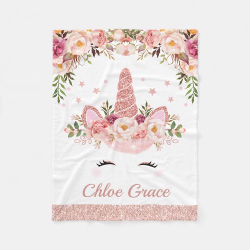 Girly Rose Gold Unicorn  Floral Watercolor Roses Fleece Blanket