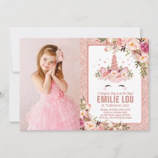 Girly Rose Gold Unicorn Watercolor Roses Birthday Invitation