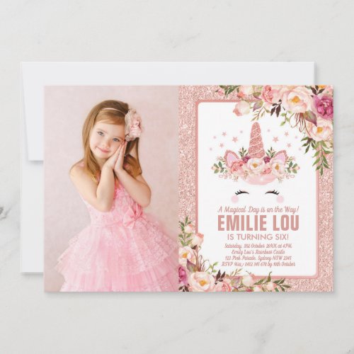 Girly Rose Gold Unicorn Watercolor Roses Birthday Invitation