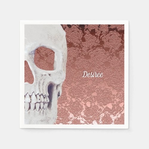 Girly Rose Gold White Gothic Skull Elegant Floral Napkins