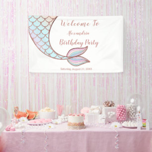 Girly Rose Gold White Mermaid Tail Pool Birthday Banner