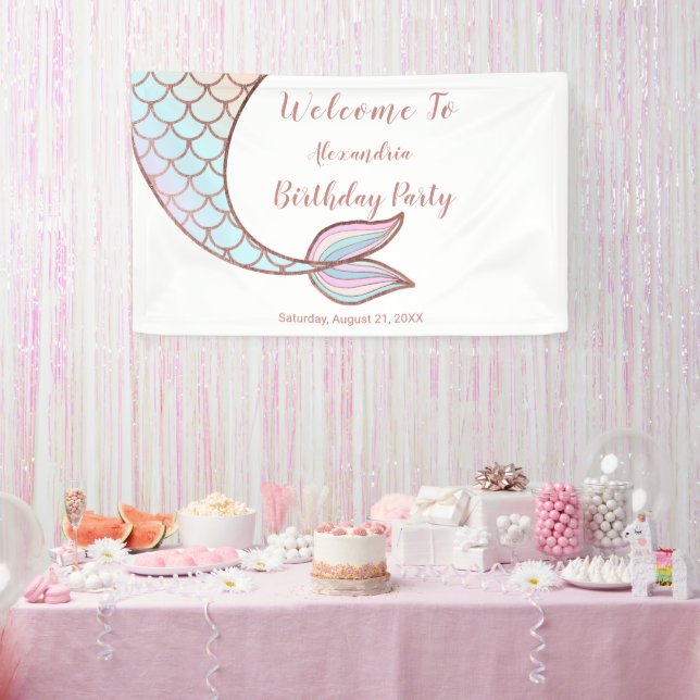 Girly Rose Gold White Mermaid Tail Pool Birthday Banner (Party)