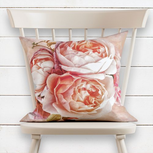 Girly Rose Peony Elegant Modern Watercolor Floral Throw Pillow
