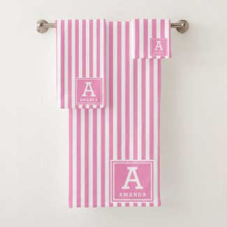 Girly Rose Pink Cabana Stripes Monogrammed Initial