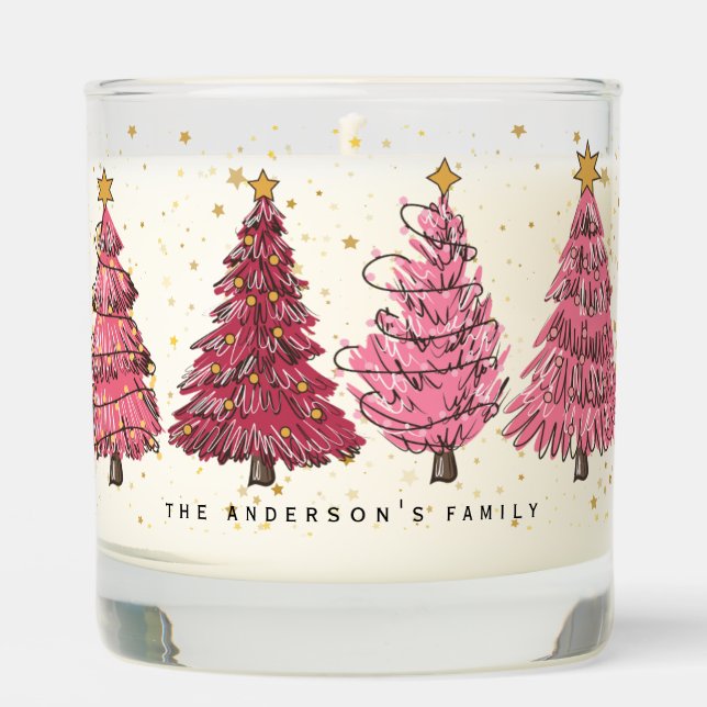 Girly Rose Pink Christmas Trees Star Dust Holiday Scented Candle (Front)