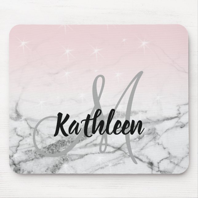 Girly Rose Pink Grey Marble Monogram Name Mouse Pad (Front)