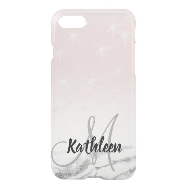 Girly Rose Pink Grey Marble Monogram Name Uncommon iPhone Case (Back)