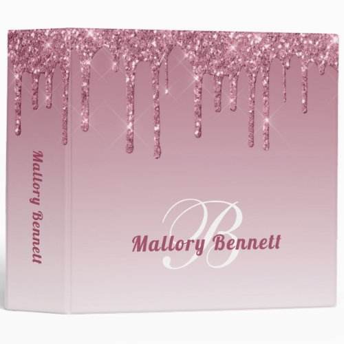 Girly Rose Pink Ombre Sparkle Drip Glitter Binder