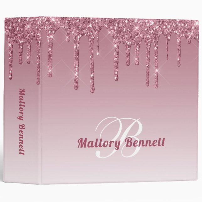 Girly Rose Pink Ombre' Sparkle Drip Glitter Binder (Front/Spine)