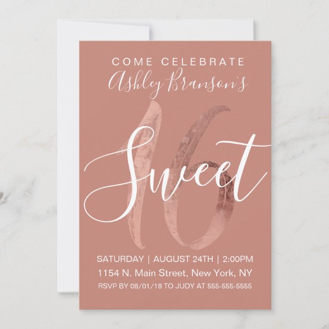 Girly Rose Pink Rose Gold Foil Modern Sweet 16 Invitation (Front)