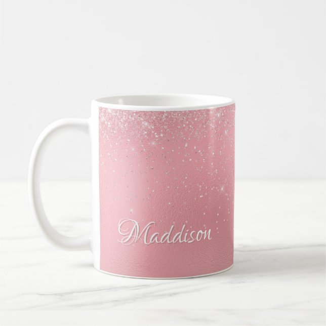 Girly Rose Pink Silver Glitter Personalized Name Coffee Mug (Left)