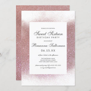 Girly Rose Pink White Glitter Dust Border Sweet 16 Invitation