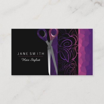 Girly Rose Purple And Pink Scissor Design Business Card by chandraws at Zazzle