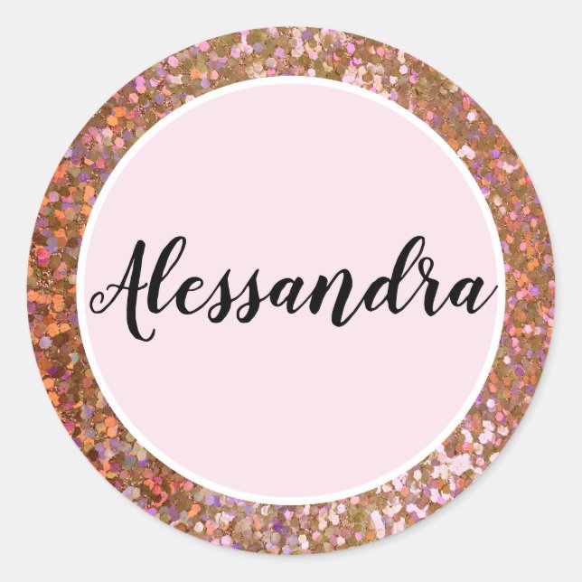 Girly Rose Purple Glitter Name Classic Round Sticker (Front)