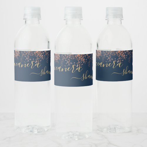 Girly Rosegold and Midnight Monogram Sparkle Water Bottle Label