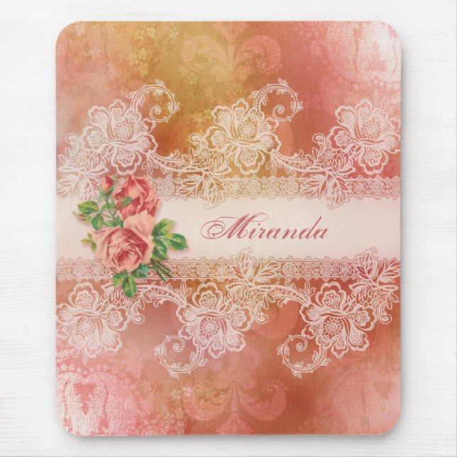 Girly Roses and Lace Personalized Mousepad (Front)