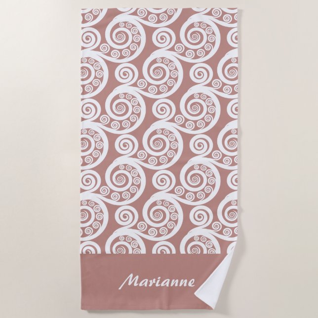 Girly Rosy-Brown Koru Fern Frond  Beach Towel (Front)