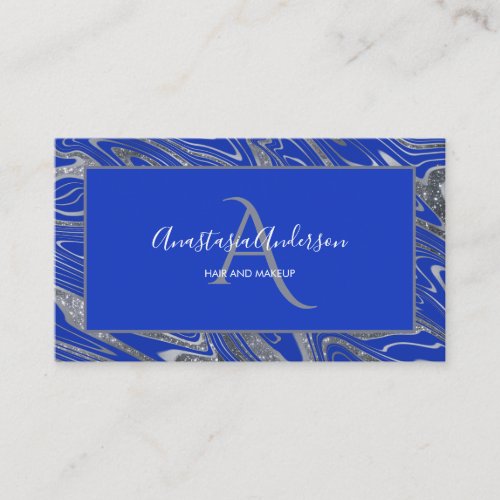 Girly Royal Blue Silver Marble Glitter Monogram Business Card