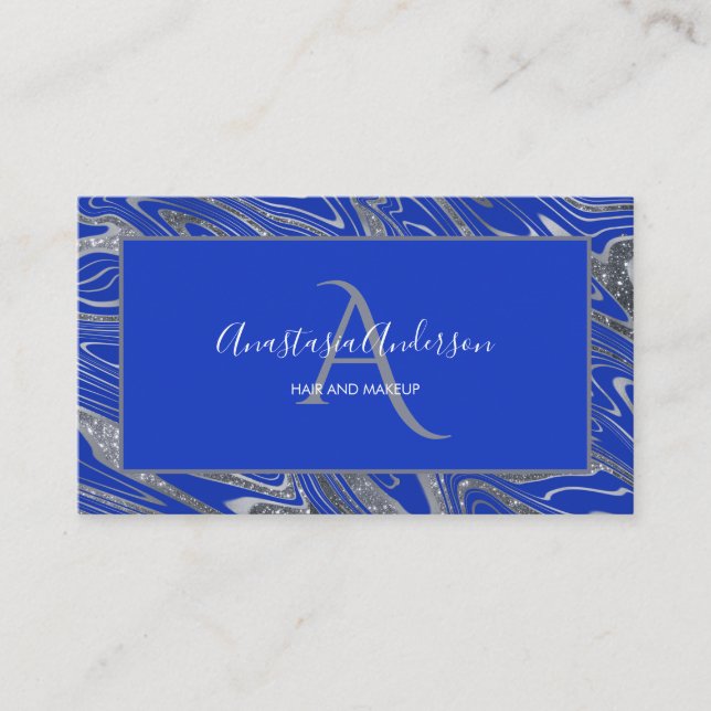 Girly Royal Blue Silver Marble Glitter Monogram Business Card (Front)