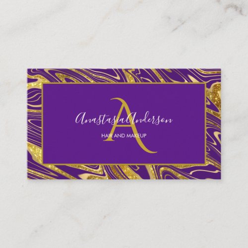 Girly Royal Purple Gold Marble Glitter Monogram Business Card