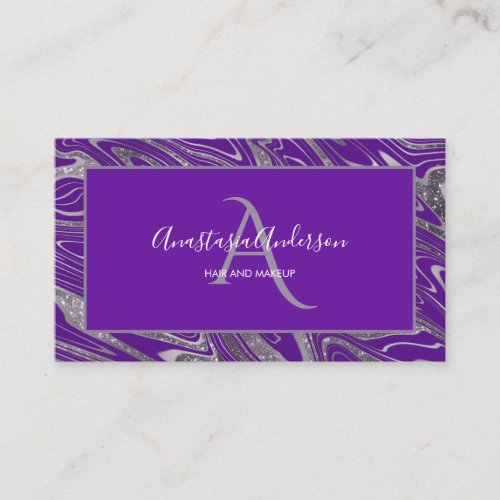 Girly Royal Purple Silver Marble Glitter Monogram Business Card