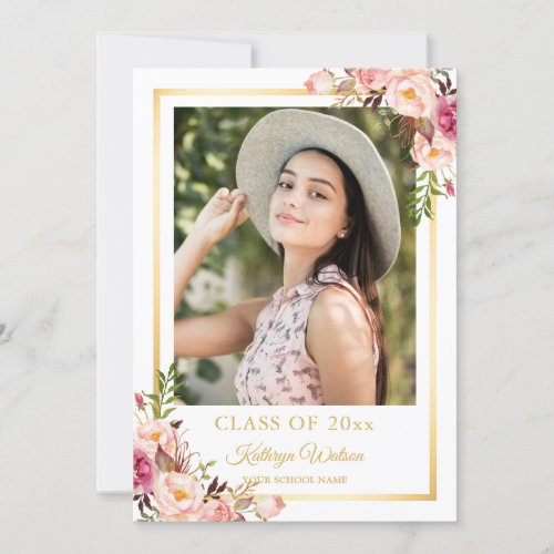 Girly Rustic Floral Gold Photo Graduation Party Card