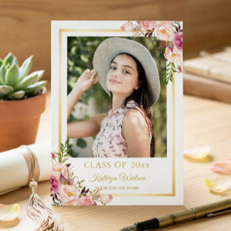 Girly Rustic Floral Gold Photo Graduation Party Invitation