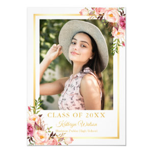 Girly Rustic Floral Gold Photo Graduation Party Invitation