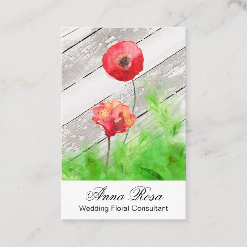  Girly Rustic Red Poppy Flowers Vintage Wood Business Card