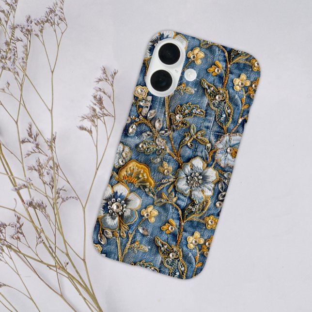 Girly Rustic White Floral Embroidered Blue Denim  Case-Mate iPhone Case (Creator Uploaded)