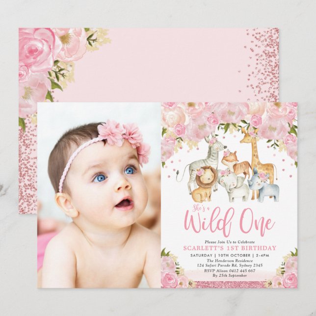 Girly Safari Jungle Animals Wild One Birthday Invitation (Front/Back)