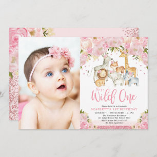Girly Safari Jungle Animals Wild One Birthday Invitation