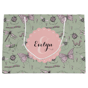 Girly Sage and Pink Insect Pattern Large Gift Bag
