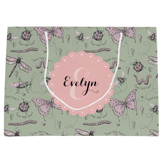 Girly Sage and Pink Insect Pattern  Large Gift Bag (Front)