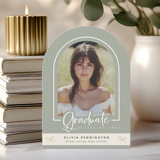 Girly Sage Gold Photo Graduation Announcement (Shown on a 5" x 7" card with Arch Corner Style)
