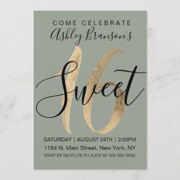 Girly Sage Green Faux Gold Foil Sweet 16 Invitation by I_Invite_You at Zazzle