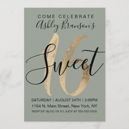 Girly Sage Green Faux Gold Foil Sweet 16 Invitation